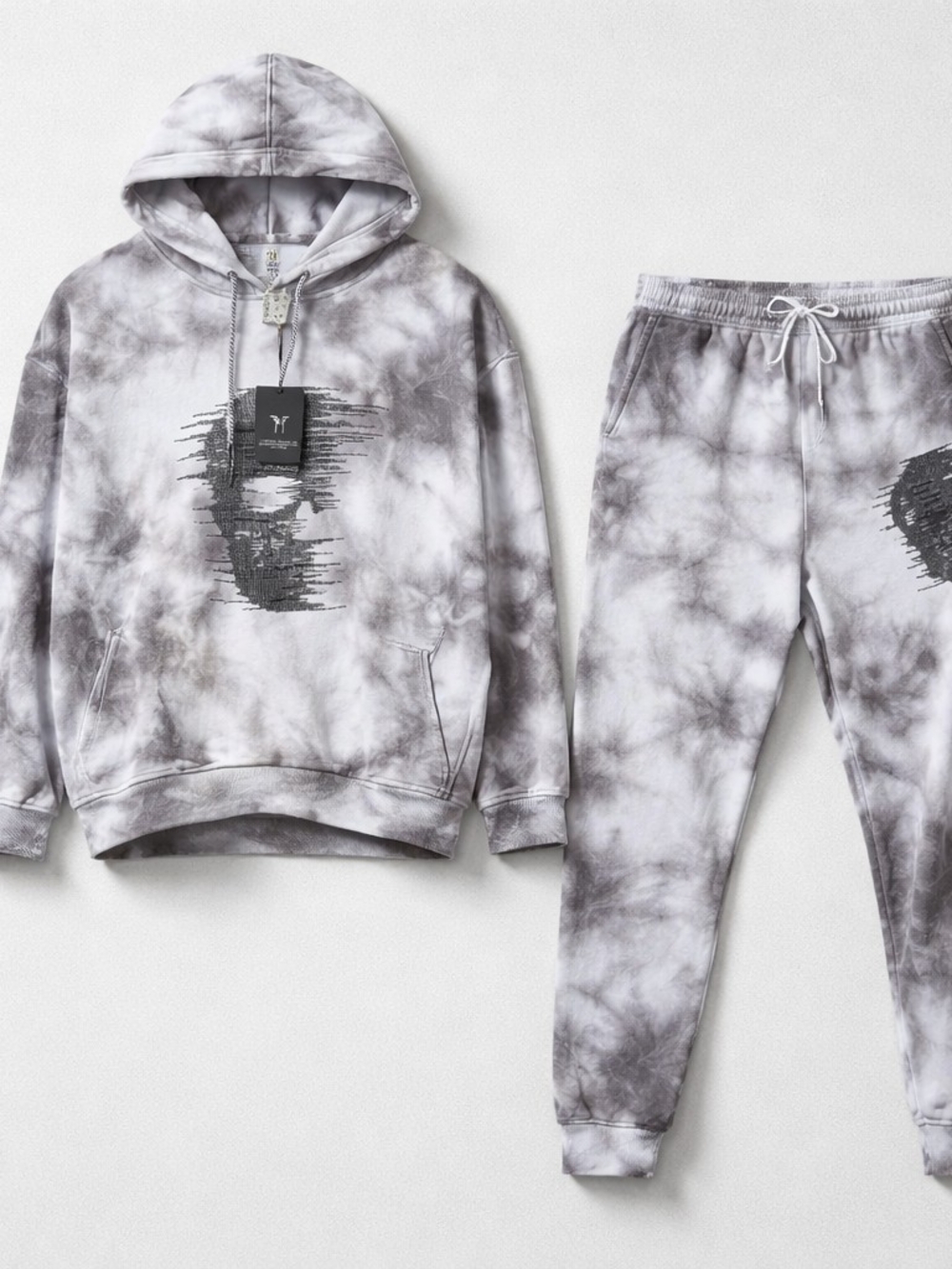 Tie-Dye Hoodie & Jogger Set - Gray Marble Print